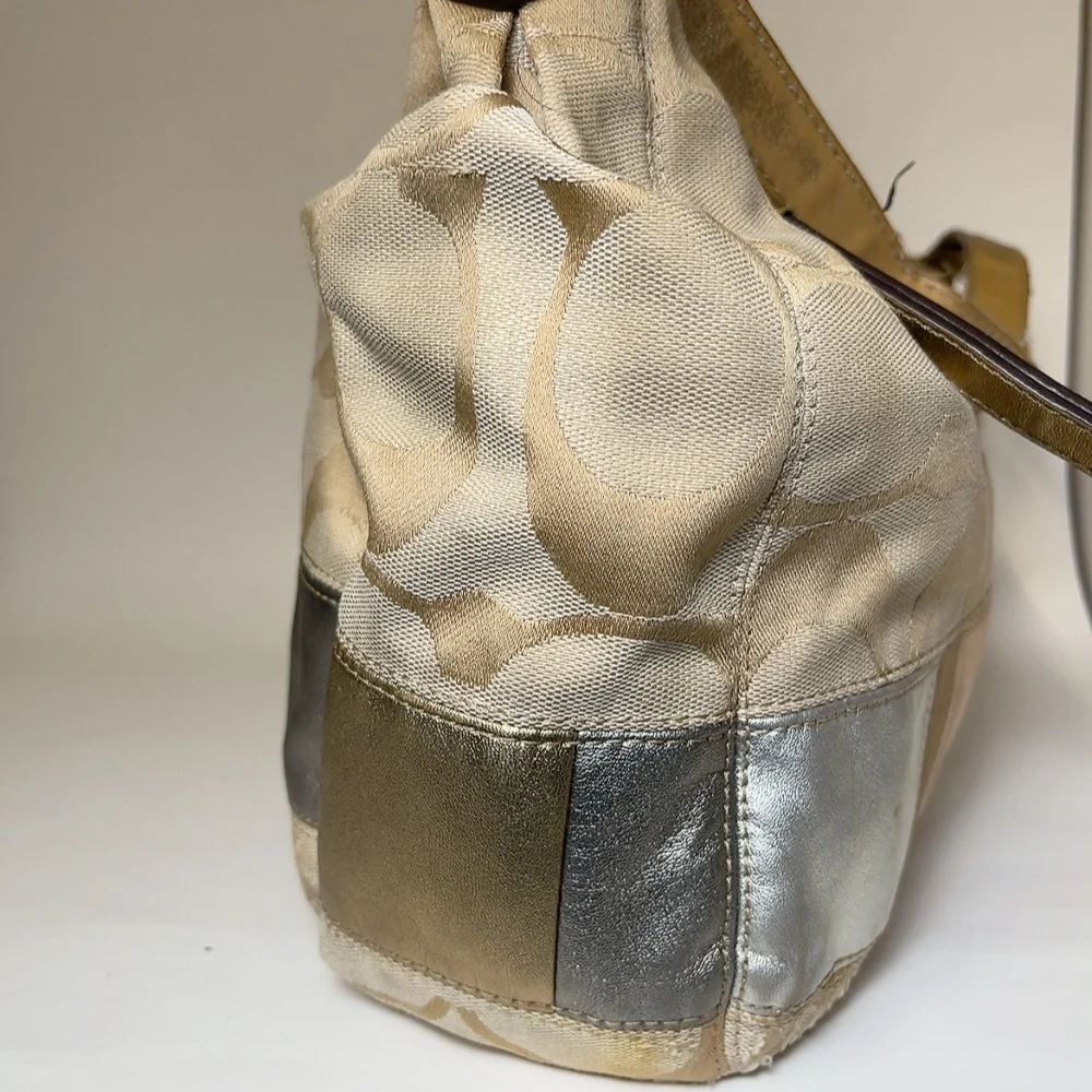 Coach Womens Canvas Stripe Patch Hobo Tan Shoulder Bag